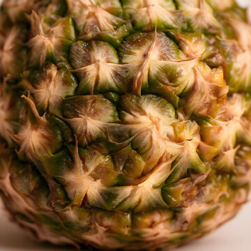 Close up of a fresh pineapple skin texture with green and brown patterns, tropical fruit detail, the surface features a mix of green and brown hues
