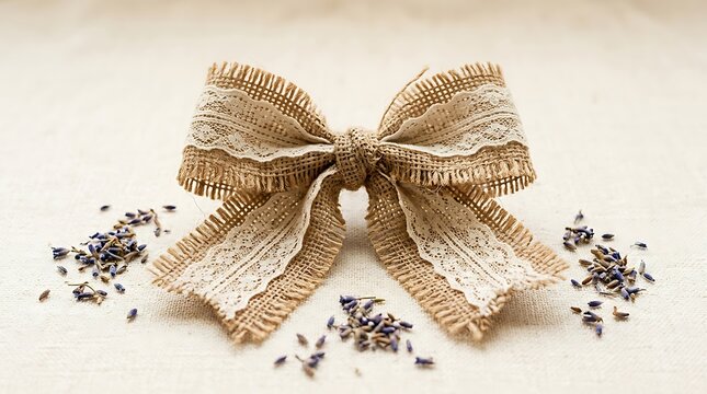Rustic burlap bow with lace trim and lavender sprigs, perfect for country-style crafts and decorations