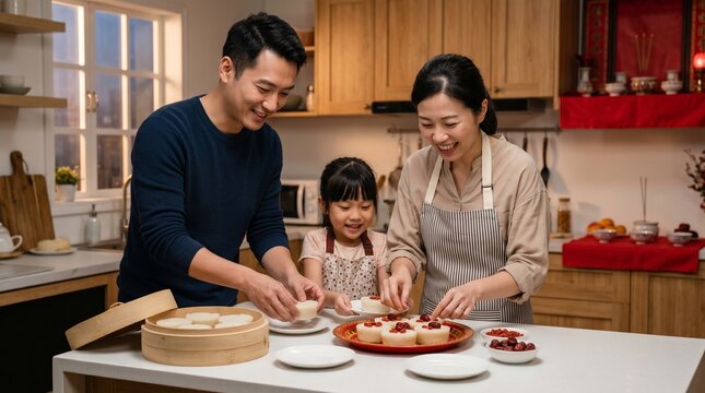 Family preparing nian gao rice cakes in kitchen, Heartwarming holiday food preparation lifestyle portrait, Parents and child teamwork for New Year altar