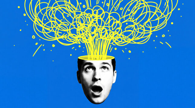 A man's shocked face has a bright yellow chaotic mess of lines exploding from the top of his head against a blue background.