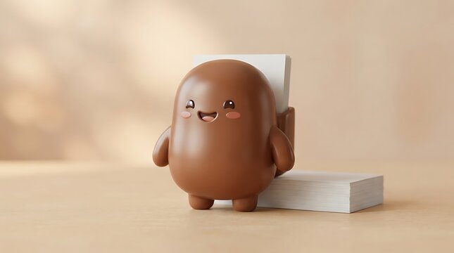 Adorable, cute, smiling, kawaii, brown, bean-shaped character with wide eyes and a cheerful grin, standing behind a stack of white paper or blocks on a neutral, softly lit background
