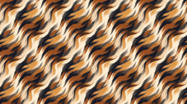 A seamless, abstract pattern resembling an animal print with flowing, wavy lines in warm tones of brown, beige, and black.