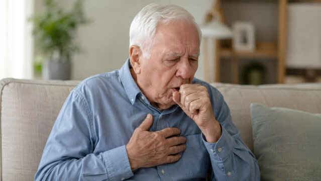 Elderly man coughing with hand on his chest. Senior sitting on couch suffering from respiratory illness. Chronic obstructive pulmonary disease or asthma patient medical health concept.