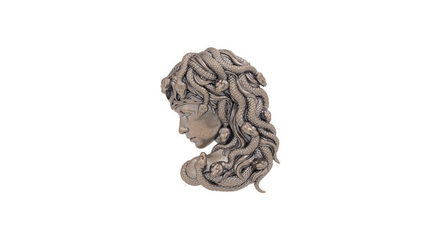 Old Bronze Medusa Bust Snake Hair Gorgon Profile Isolated 3D Illustration