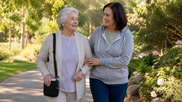 Woman caregiver walking with elderly woman using portable oxygen concentrator in park. Supportive relative assisting senior lady with respiratory condition. COPD and pulmonary health care.