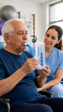 Old man patient using incentive spirometer for lung exercise with woman physiotherapist. Pulmonary rehabilitation for respiratory health, breathing recovery and COPD treatment care.