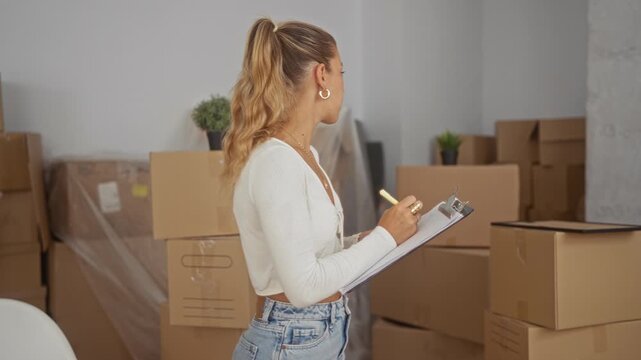 Woman writing on a clipboard while checking stacked cardboard boxes and labels in a building during a relocation inventory; planning focus.
