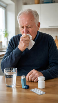 Senior man coughing into tissue with inhaler and medicine on table. Elderly patient suffering from respiratory illness or lung disease at home. Healthcare management for asthma and COPD.