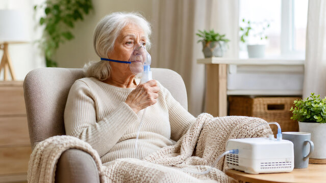 Elderly woman using a nebulizer mask to treat lung disease. Senior lady with respiratory illness sitting at home. Pulmonary therapy, asthma and COPD treatment for patient at home.