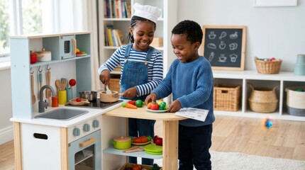 Fototapeta premium Two happy children playing with a wooden toy kitchen and pretend food
