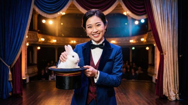 Young female magician performs a classic rabbit from hat trick on stage