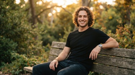 Fototapeta premium Smiling man with curly hair sitting on a park bench in golden hour light