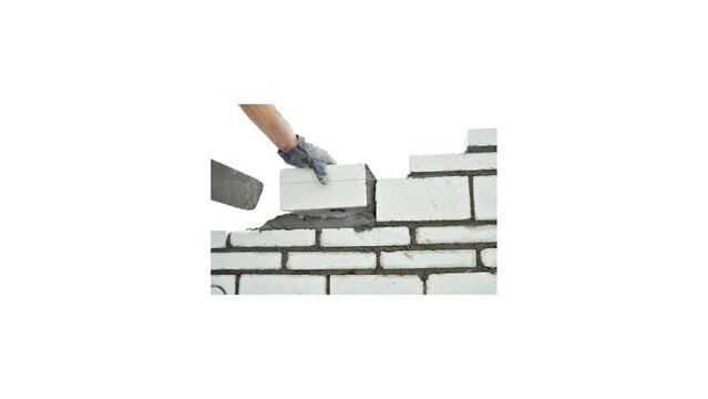 Professional Bricklayer Building White Wall with Mortar Masonry Construction Concept Isolated on White