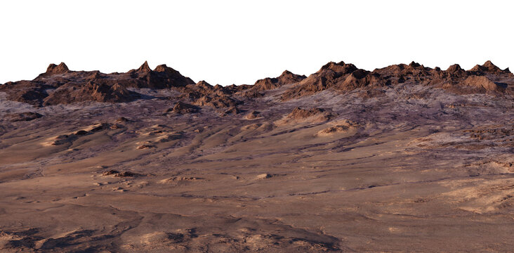 3D Rendering Cutout Of Rugged Desert Landscape With Rocky Mountains And Arid Terrain Panorama