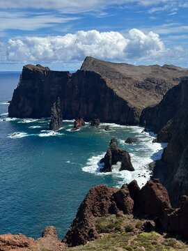 Dramatic volcanic cliffs and Atlantic Ocean coastline on Madeira Island, Portugal
