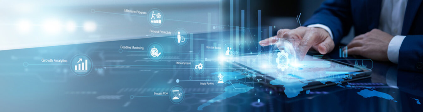Professional touches the tablet to optimize Time Management, scheduling global tasks on a map to maximize daily productivity and ensure timely delivery of key projects.