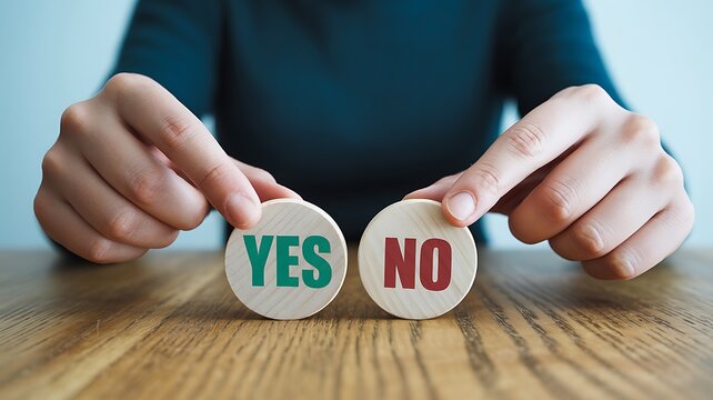 Person holding wooden circles with yes and no