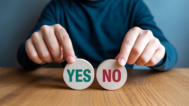 Person holding yes and no signs on table