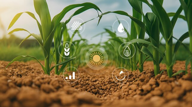 Smart farming icons over green corn field