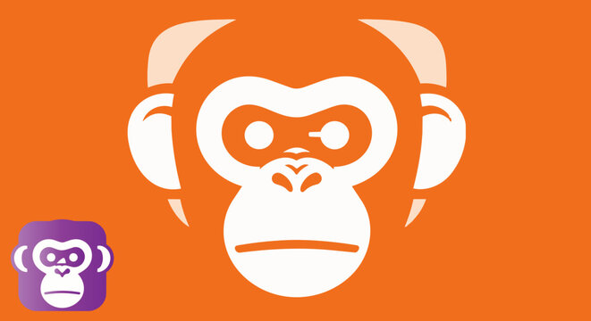 Stylized monkey head vector logo, minimalist chimpanzee face icon on orange background, modern primate mascot graphic for branding