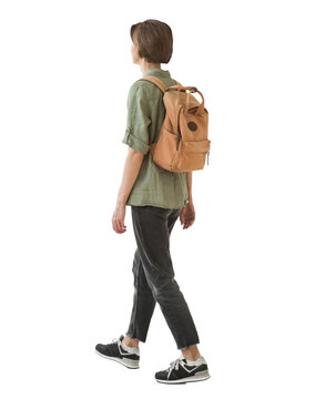 Full length portrait of young woman walking isolated transparent PNG, student girl full body photo PNG with transparent background precisely cut-out with clipping path, back view.