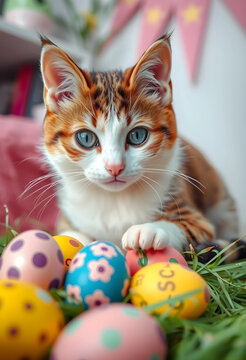 Cute calico kitten with blue eyes playing with colorful decorated easter eggs in green grass, spring holiday celebration