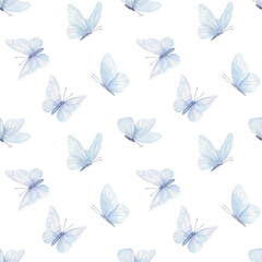 Seamless pattern with light blue watercolor butterflies on isolated background. Decorative wallpaper design with flying insects. Delicate art background for textile, wrapping paper, stationery print © Masha_tolk_art