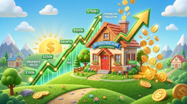 3d cartoon cartoon illustration of a charming investment home with a rising financial growth chart, dollar coins, and a sunny landscape, symbolizing wealth and financial freedom