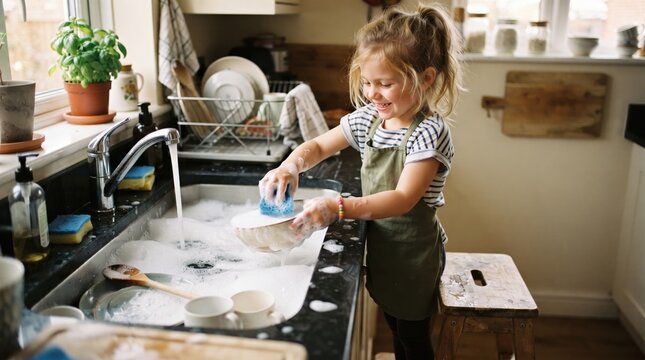 Child washing dishes at soapy kitchen sink