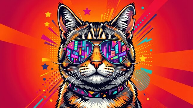 Cool cat wearing retro sunglasses against pop art background