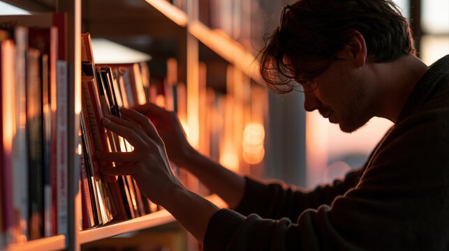 Man Choosing Books from Library Shelf at Sunset