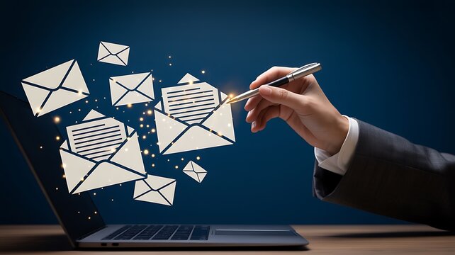 Hand touching email icons on laptop screen