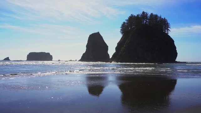 Pan left toward tree topped sea stacks and surf at La Push Second Beach on the Olympic Coast, Washington, with reflections on wet sand. 4K UHD video.
