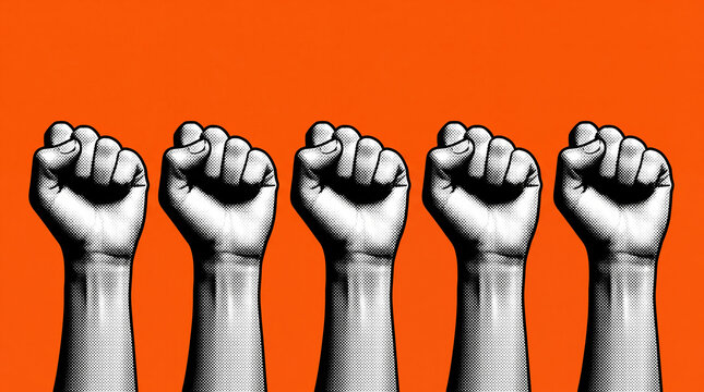 A row of five black and white fists are raised in a gesture of protest or solidarity against a vibrant orange background.