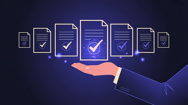 Hand holding digital document check mark icons
