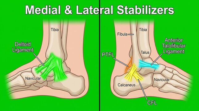 Ankle ligament anatomy diagram. Medial and lateral stabilizer structure illustration.