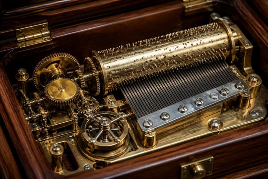 Mechanical music box components rotating inside wooden box