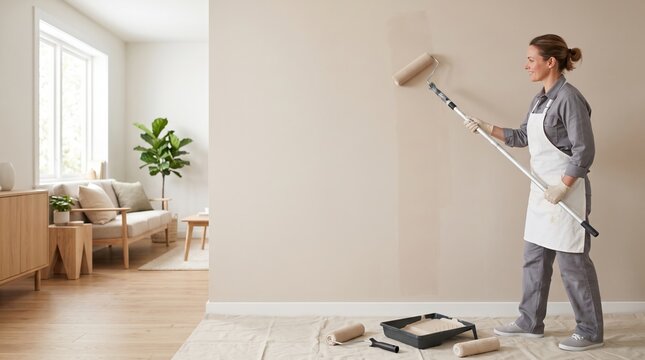 Natural light on interior wall painting with roller