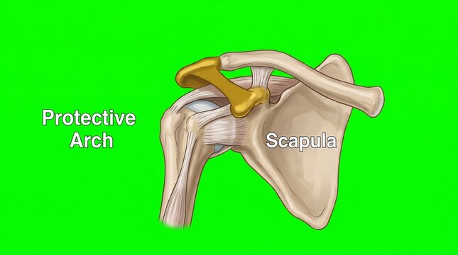 Coracoacromial arch anatomy diagram. Human shoulder joint structure with scapula bone.