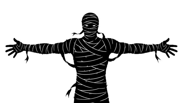 Mummy silhouette with open arms, spooky halloween monster character, ancient egyptian undead creature isolated on white background