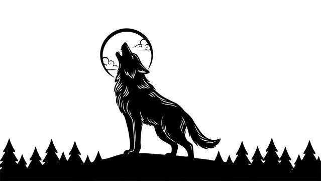 Howling wolf silhouette in forest, black and white wild animal illustration, lone wolf under full moon and night sky, minimalist wilderness art