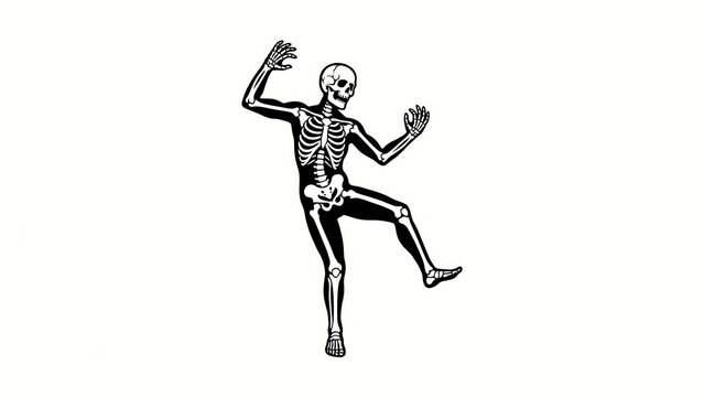 Vintage dancing skeleton illustration, retro anatomical human bone character, black and white spooky halloween mascot on white background