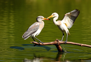 Obraz premium Two egrets interacting on a branch over green water, wildlife and Nature conservation, avian behavior