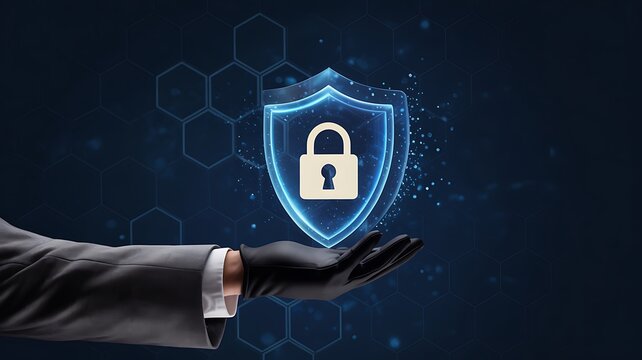 Hand holding digital shield with padlock icon