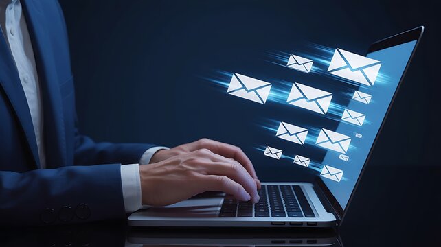 Person sending many email messages on laptop