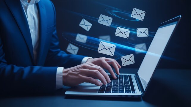 Businessman sending email on laptop computer
