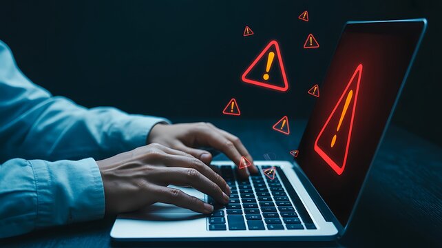 Person typing on laptop with error symbols