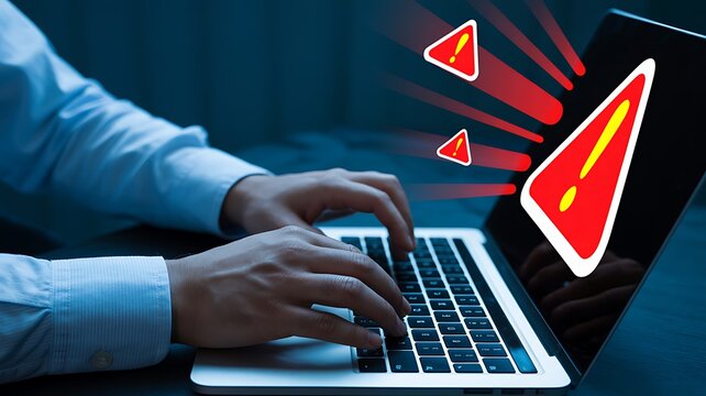 Person typing on laptop with error symbols