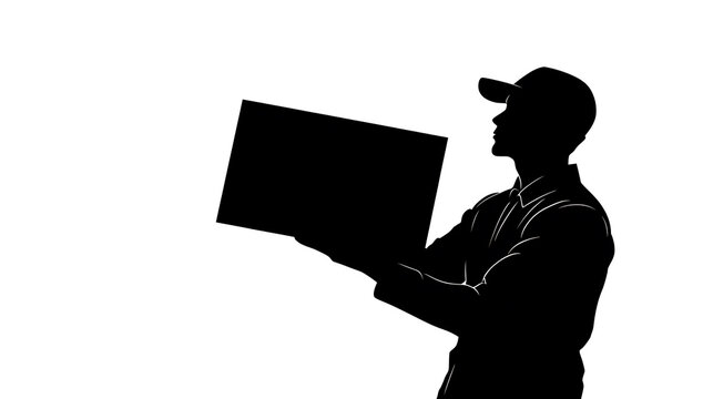 A silhouette of a delivery man in a cap holding a box. The man is shown in profile, with the box in his hands. The background is white