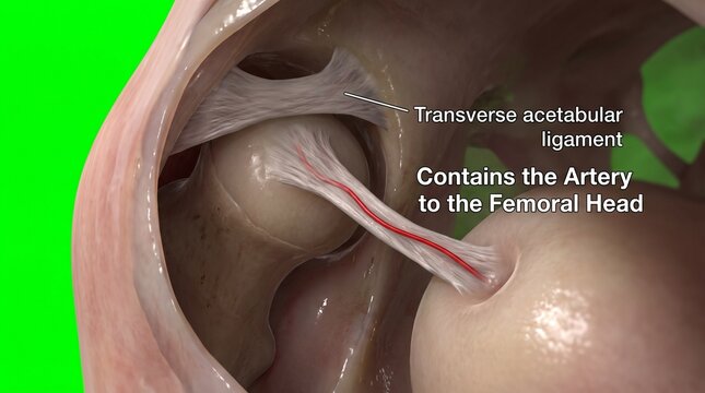 Anatomy of the hip joint showing the ligamentum teres. Medical illustration of femoral head.